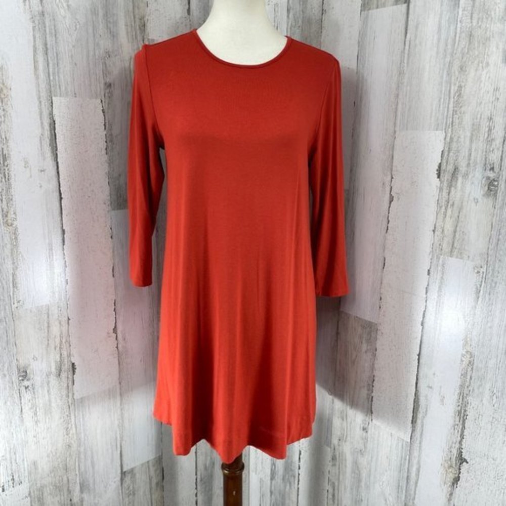 J. Jill Women's Orange Stretch 3/4 Sleeve Scoop Neck Tunic Top Blouse Shirt S